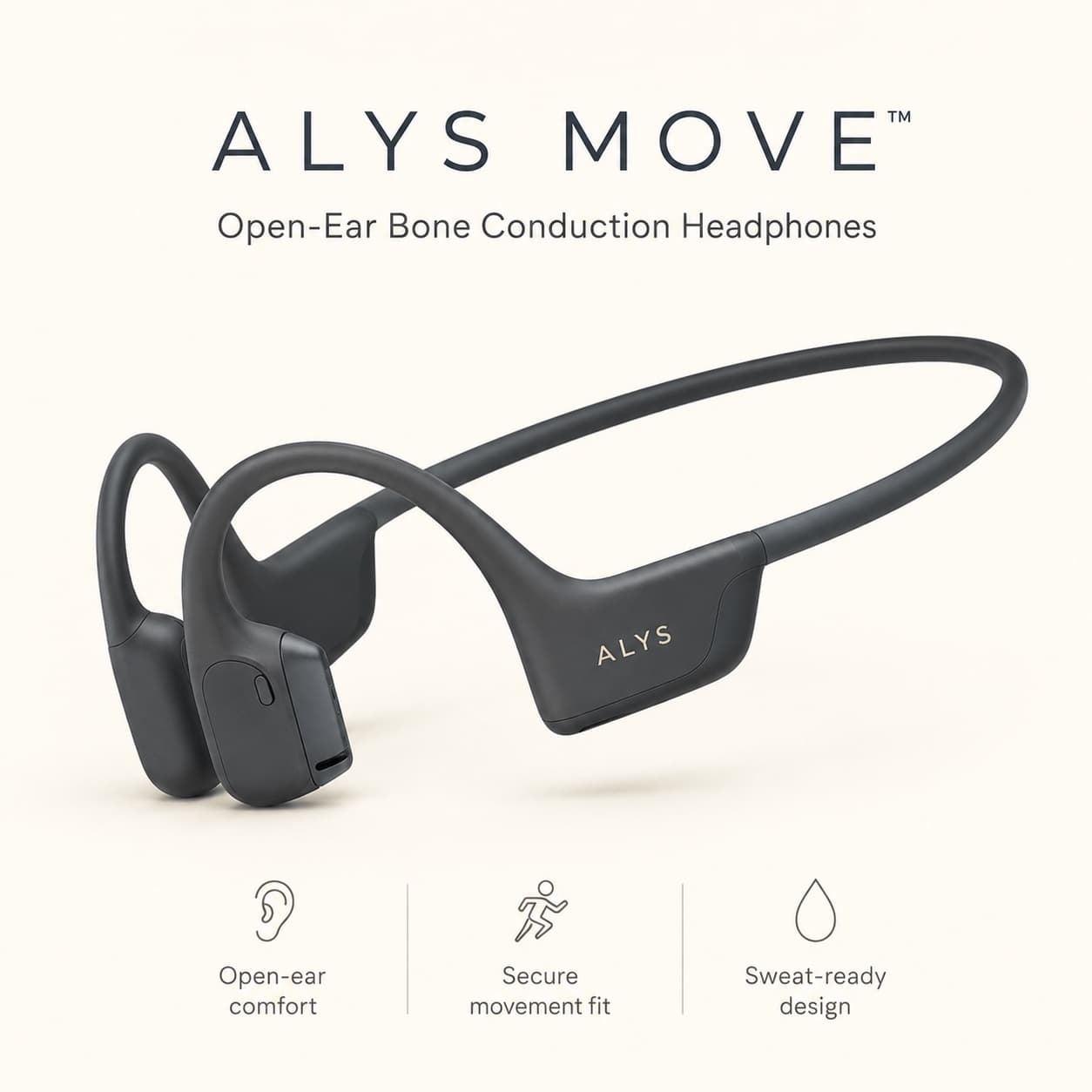 ALYS MOVE headphones product shot, warm ivory background