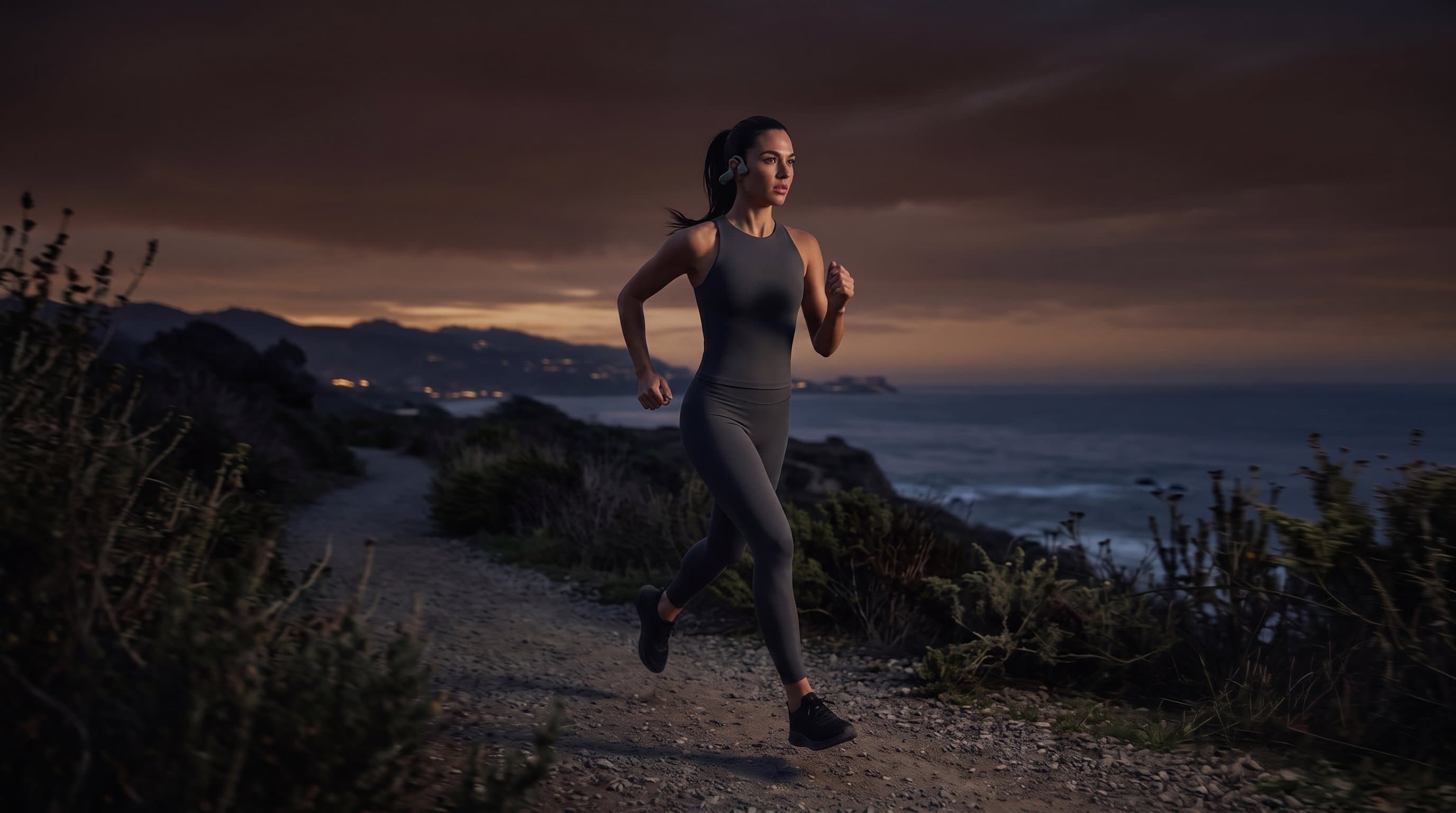 Full-bleed editorial — runner at dusk wearing ALYS MOVE
