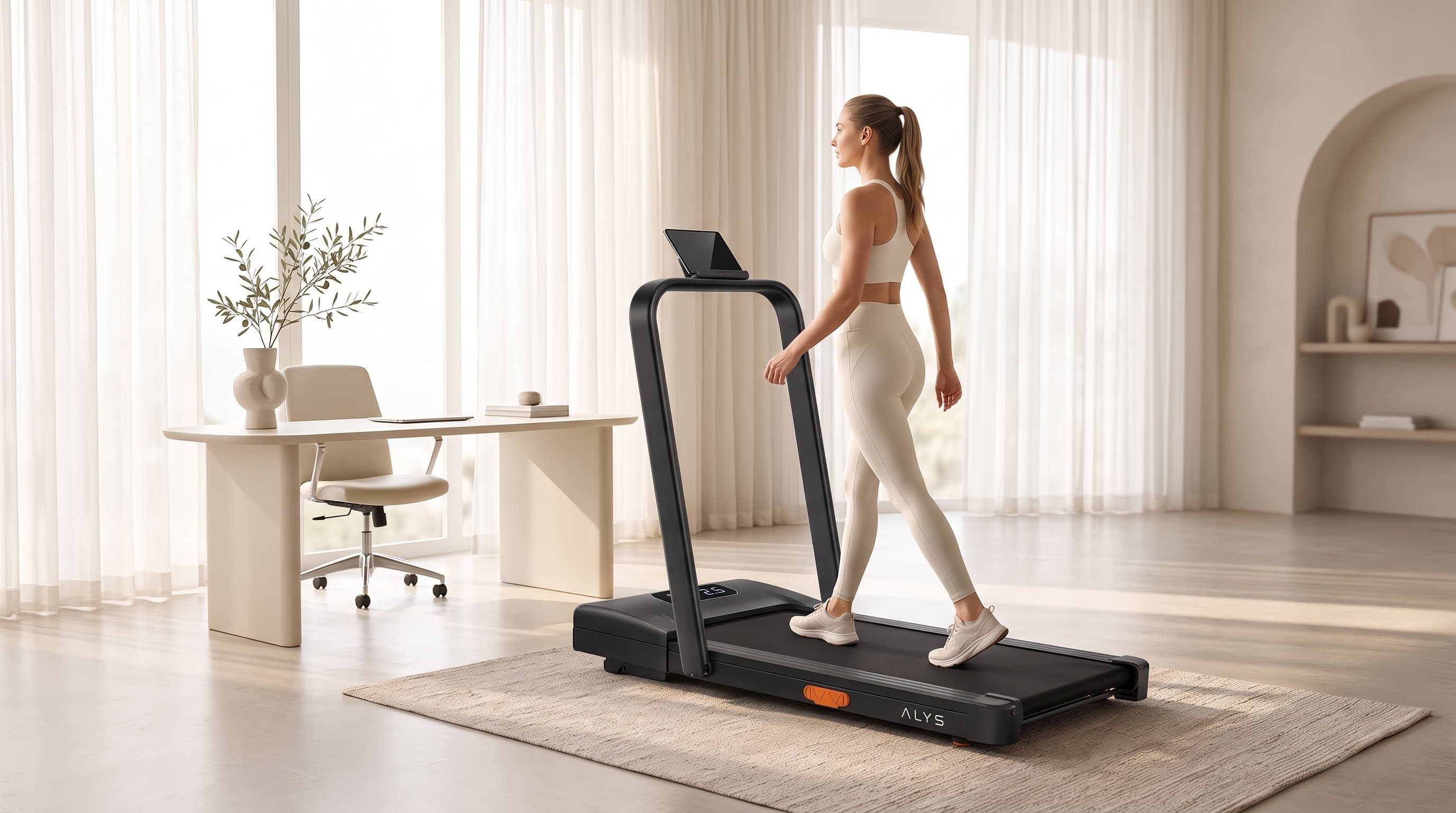Full-bleed editorial — walking on ALYS STRIDE at bright home office